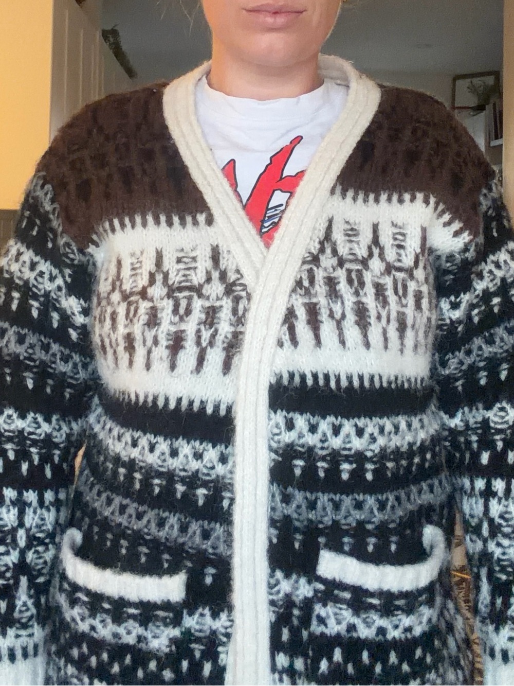 eesome Open-Front Fair Isle Cardigan in Cream, Brown, and Black - Picture 10 of 13